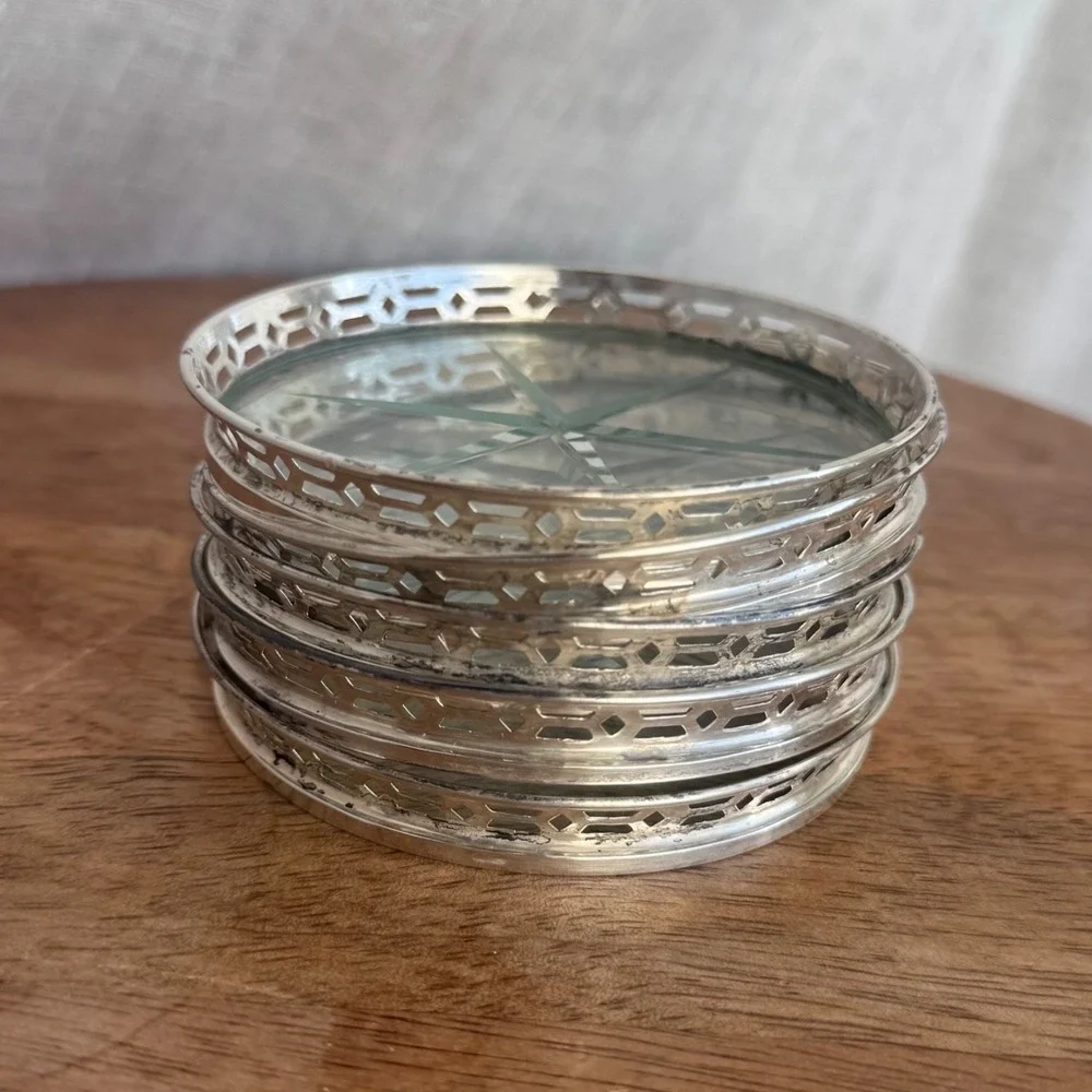 Vintage Sterling Silver Filigree Pierced Coasters Set of 5 Starburst Barware